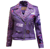 Women’s Purple Silver Studded Leather Jacket | Bold Wobbles Big Printed Patch Cheetah Print Collar & Sleeves Sex Pistols and Dead Kennedys